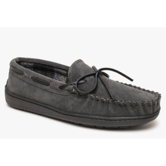 Minnetonka Men’s Plaid Lined Hardsole Moccasin Slippers Charcoal Size 10M NIB